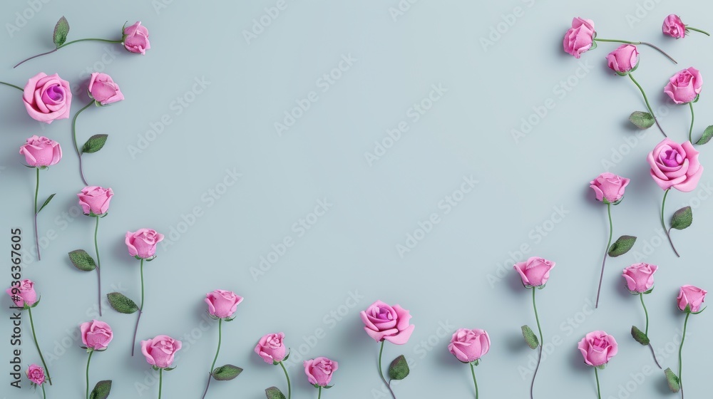 Poster a minimalist composition featuring a border of purple roses, arranged in a simple and elegant patter