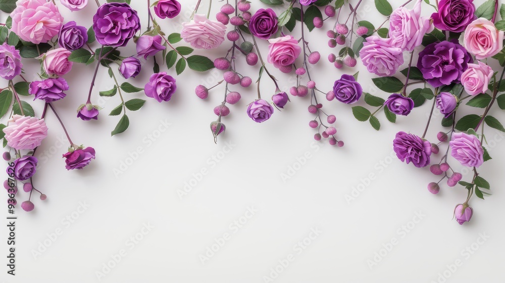 Poster an elegant border of purple roses, arranged in a minimalist style against a white background. the si