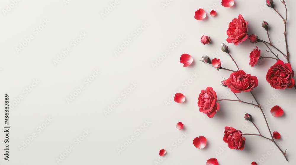 Poster a minimalistic border of vibrant red roses, elegantly framing a blank white space for adding text or