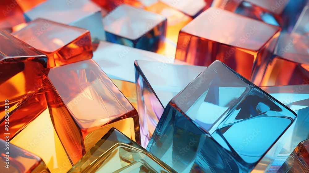 Poster a close-up view of colorful translucent glass blocks in various shapes, reflecting light in shades o