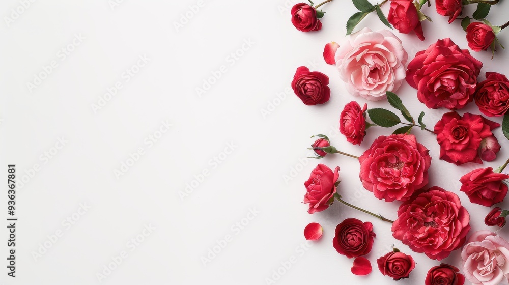 Poster a minimalist border of bright red roses, creating a striking contrast against a plain white backgrou