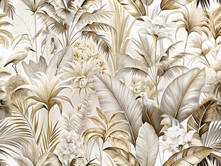 Wallpaper tropical leaves in neutral colors, watercolor design. AI