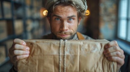 Naklejka premium A parcel delivery at a cozy café during the early morning with a smiling man holding a wrapped package. Generative AI