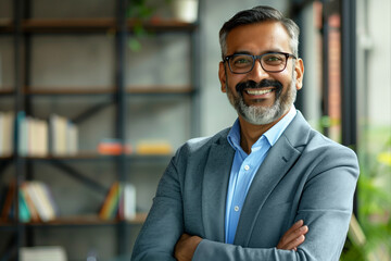 Fototapeta premium Portrait confident happy smiling Hispanic businessman standing in the office and looking at camera