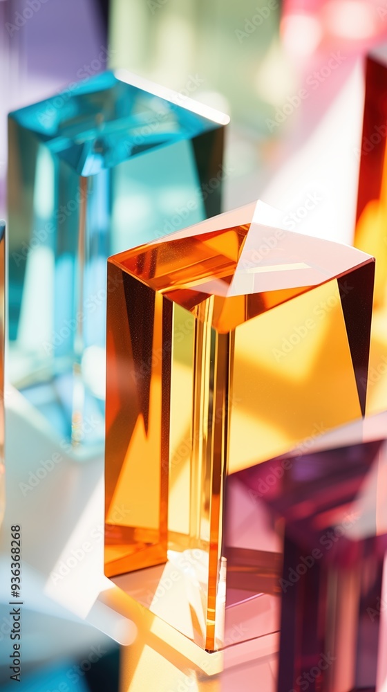 Poster a collection of colorful geometric glass blocks in various shapes and sizes, reflecting light and cr