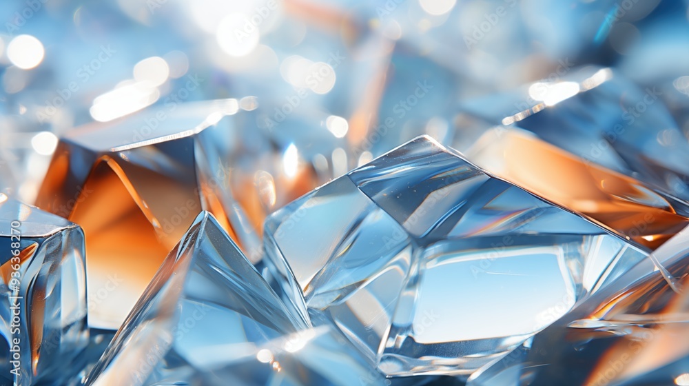 Poster a close-up view of sparkling crystal pieces reflecting light, showcasing various shapes and angles. 