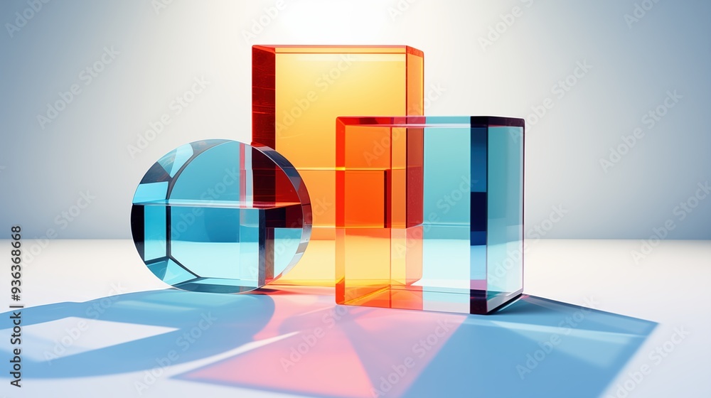 Poster a composition of colorful geometric shapes made of transparent materials. the shapes include a blue 