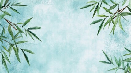 Fototapeta premium Painting of Bamboo Leaves on Antique Light Blue Background with Subtle Watercolor Textures and Muted Colors