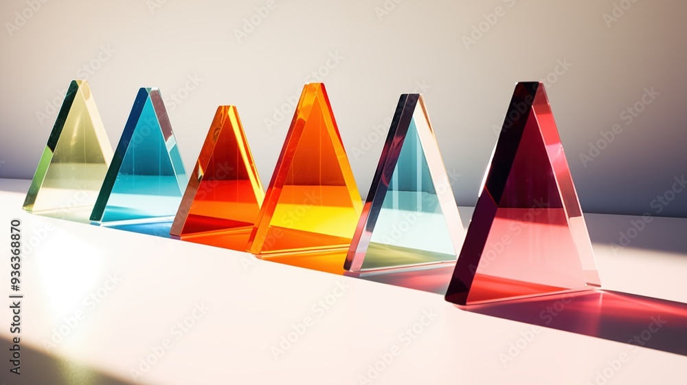 Poster a series of colorful glass prisms arranged in a line, reflecting light and casting shadows. each pri