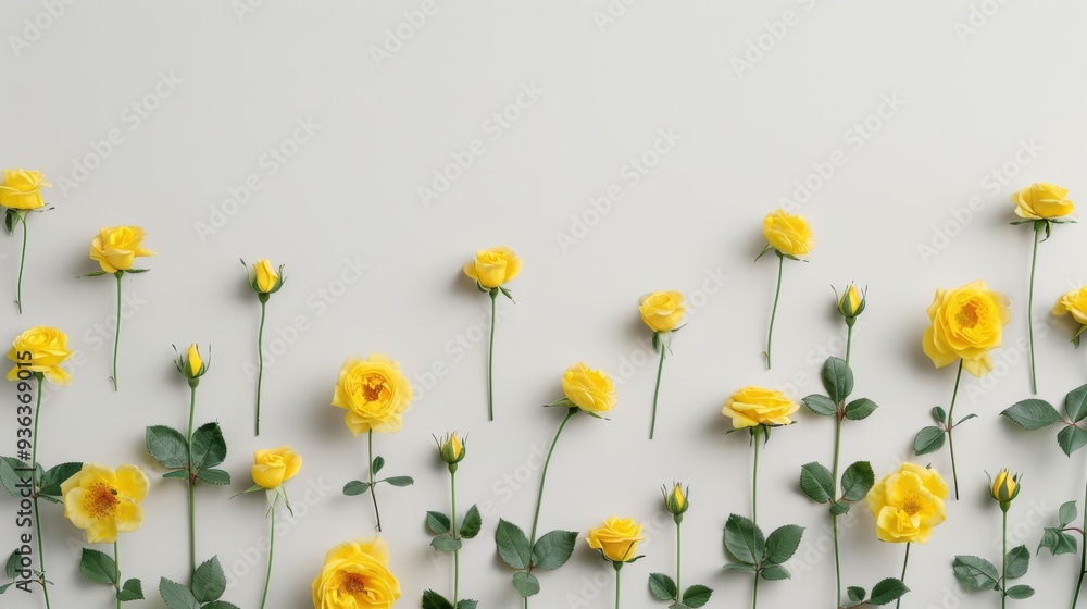 Poster a delicate border of yellow roses, meticulously arranged to create a graceful frame around a clean w