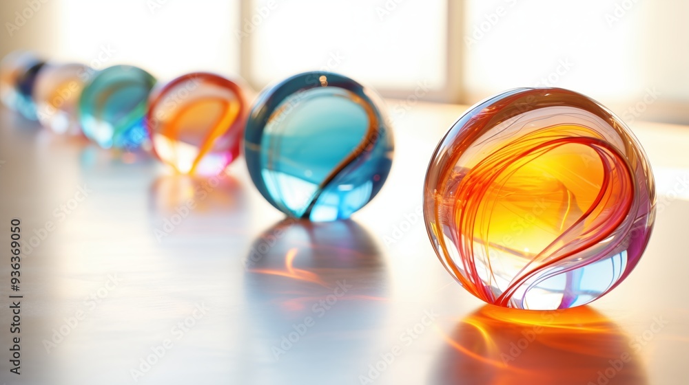 Poster a row of colorful glass marbles with swirling patterns, reflecting light beautifully. the marbles ar