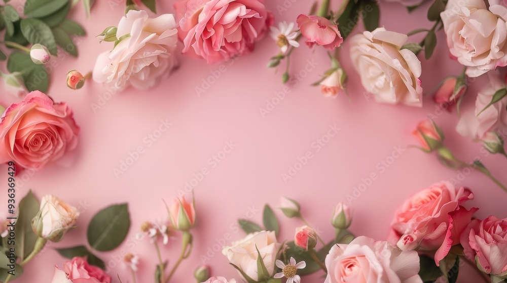 Poster a simple and elegant border of rainbow roses, creating a charming frame around a blank space for cus