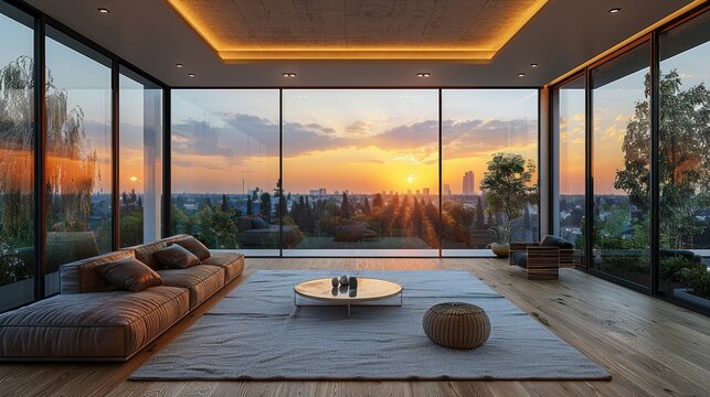 Fototapeta Breathtaking sunset view from a modern living room with large glass windows overlooking the city skyline. Generative AI
