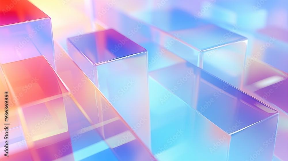 Poster a vibrant abstract composition featuring translucent blocks in shades of blue, pink, and purple. the