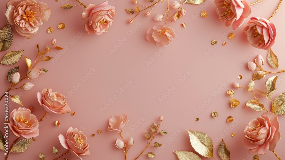 Poster a sophisticated and luxurious border of golden roses, framing a minimalist composition with clean li