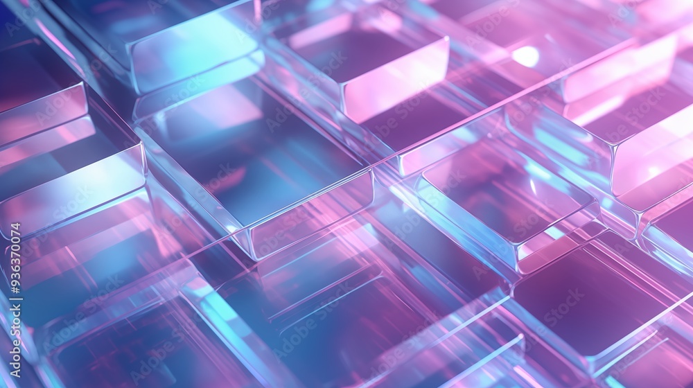 Poster a close-up view of translucent, colorful glass blocks arranged in a geometric pattern, illuminated w
