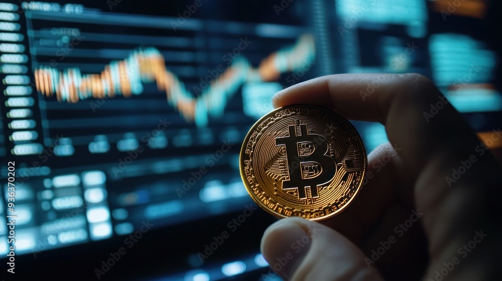 Poster a hand holding a bitcoin coin in front of a computer screen displaying a blockchain network. the bac