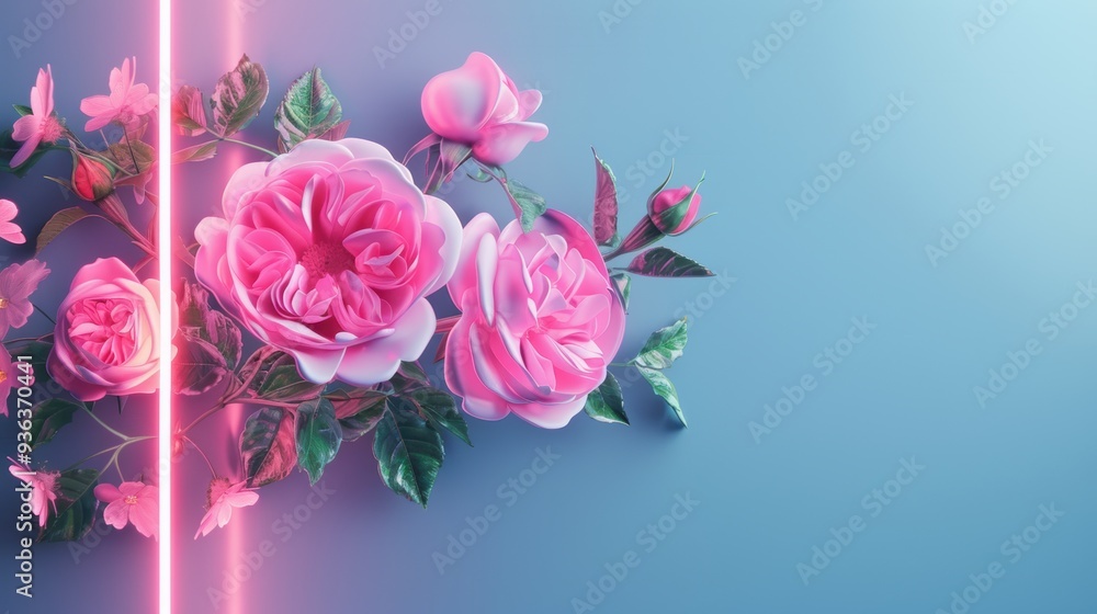Poster an elegant and stylish design featuring a neon rose border against a dark background, creating a str