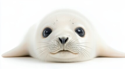 A baby seal is laying on its back with its eyes closed