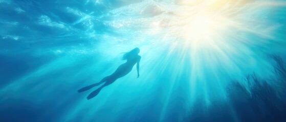 A woman is swimming in the ocean with the sun shining on her