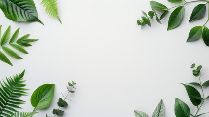 Obraz premium A minimalist design featuring a green foliage border framing a clean white background, providing ample copy space for text or graphics. The natural elements create a fresh and serene atmosphere.