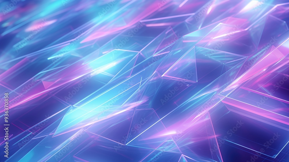 Poster a vibrant abstract holographic background featuring translucent geometric shapes with a mix of blue 