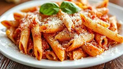   A detailed photo of pasta with sauce and Parmesan cheese