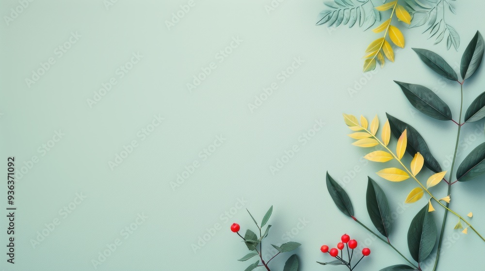 Poster a minimalist design with a gray background and a delicate foliage border, offering ample copy space 