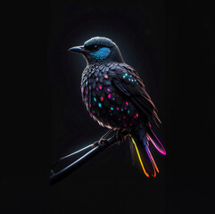 Neon colored bird on the dark background