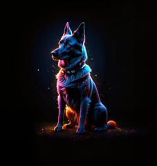 Neon colored dog on the dark background