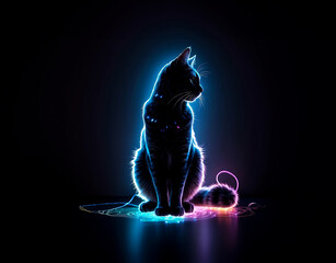 Neon colored cat on the dark background