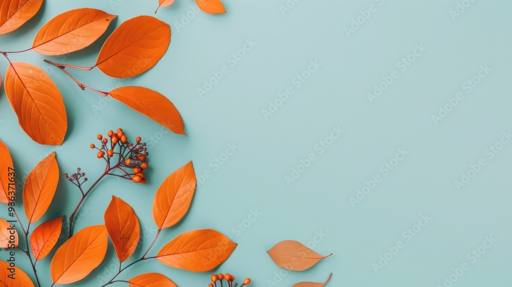Poster a minimalist design featuring a vibrant orange foliage border, with ample copy space in the center f