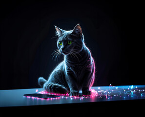 Neon colored cat on the dark background