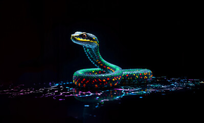 Neon colored snake on the dark background