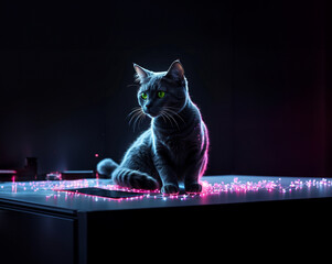 Neon colored cat on the dark background