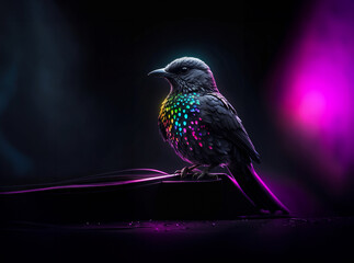 Neon colored bird on the dark background