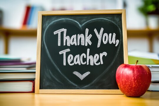 A heartfelt expression of gratitude captured in a bright classroom with a chalkboard saying thank you teacher alongside an apple symbolizing appreciation during the school year