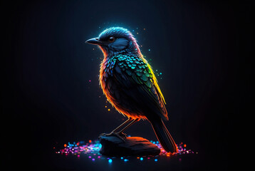 Neon colored bird on the dark background