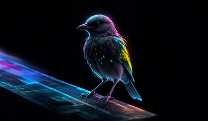 Neon colored bird on the dark background