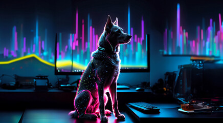Neon colored dog on the dark background with TV