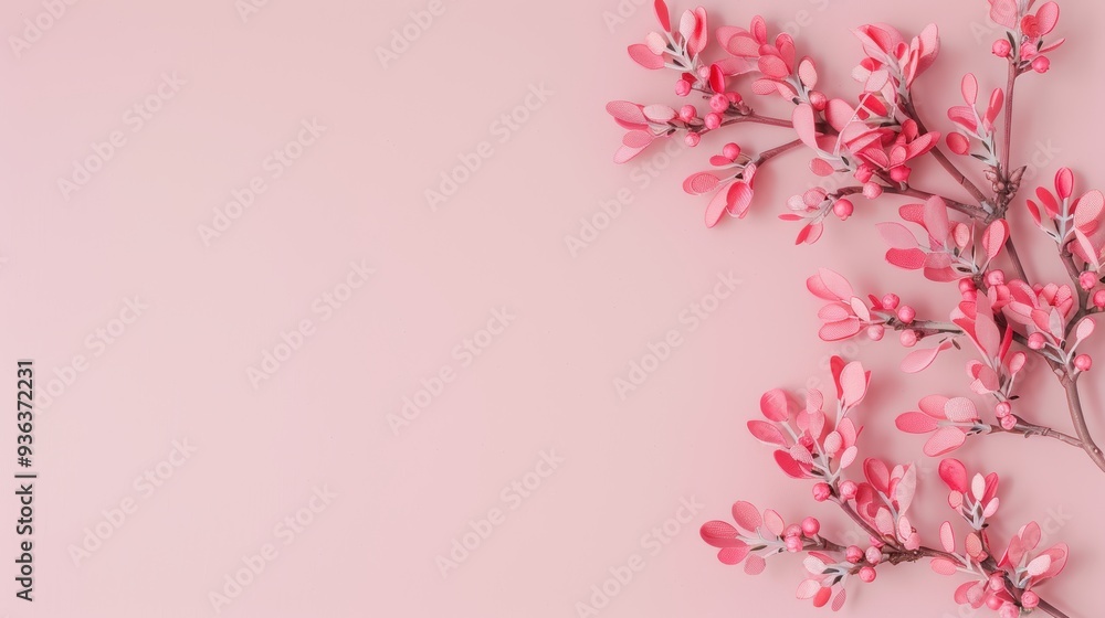 Poster a delicate pink foliage border on a clean, minimal background, creating a serene and elegant space f