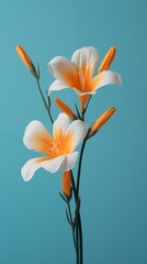 A beautiful minimalistic arrangement of white and orange lilies against a turquoise background. The flowers are in full bloom, showcasing their vibrant colors, with several buds yet to open.