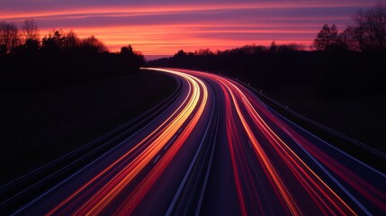 A vibrant sunset over a winding highway, showcasing light trails from moving vehicles.