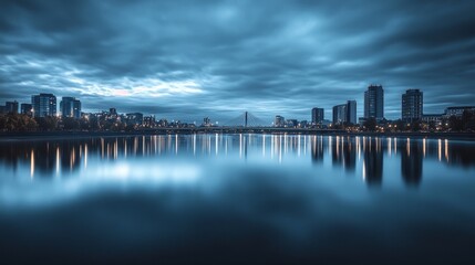 Fototapeta premium A serene cityscape at dusk, reflecting lights on a calm river under a moody sky.