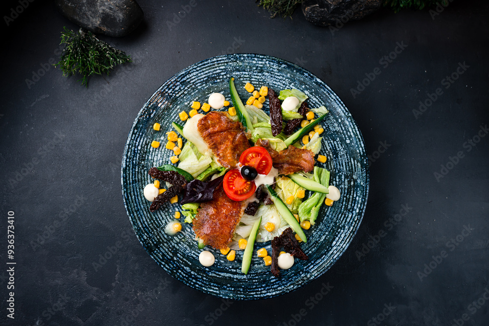 Sticker Salad with fried suluguni cheese, sun-dried tomatoes, corn, cucumbers, lettuce and sauce on a dark table.