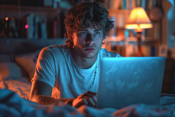 Young man working on laptop at home at night