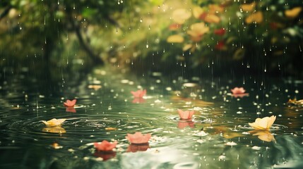 Raindrops falling on a lake or puddle with colorful autumn foliage leaves on rainy autum day