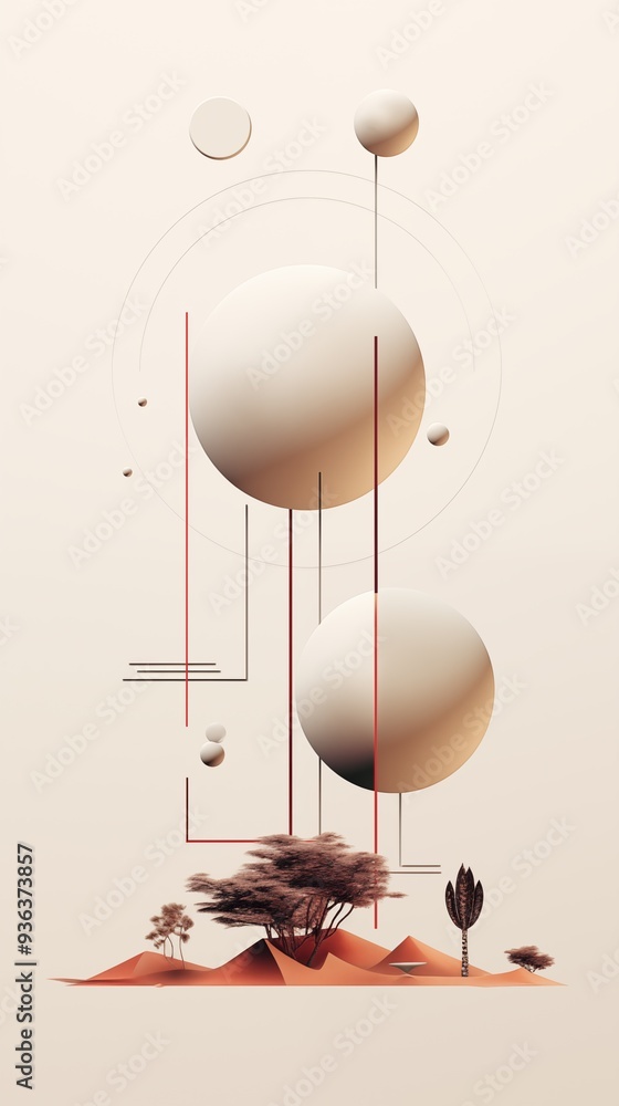 Poster a minimalist abstract landscape featuring large geometric spheres and simple trees on a sandy terrai