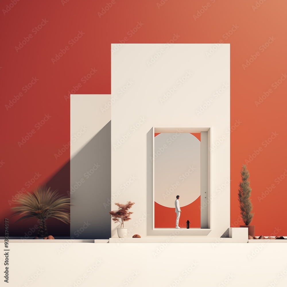 Poster a minimalist architectural scene featuring a person and a cat standing in front of a large, circular