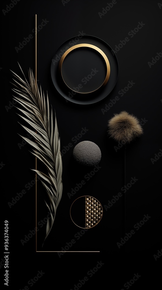 Fototapete A minimalist arrangement featuring a gold-rimmed circular plate, a textured sphere, a fluffy decorative item, a palm leaf, and a circular object with a patterned surface.